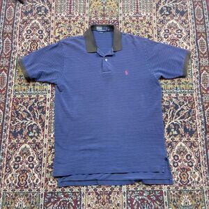 VTG 90s Polo Ralph Lauren Striped Blue Brown Collared Polo Shirt Red Pony Logo L